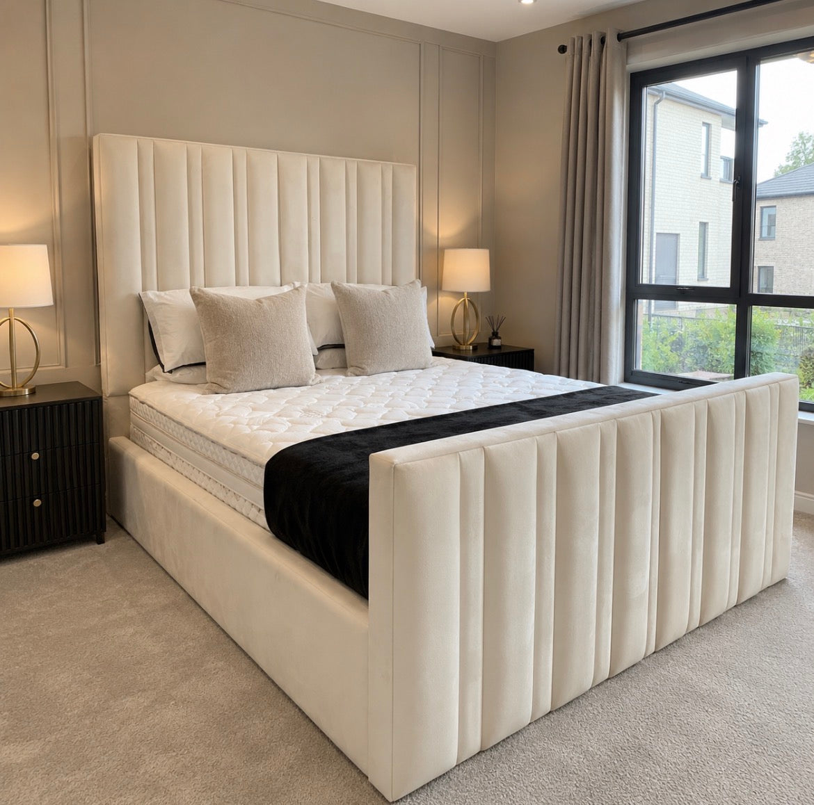 2026 Carlton Luxury Fabric Bed Frame with Optional Lift Up Ottoman Storage - High 30”Footboard