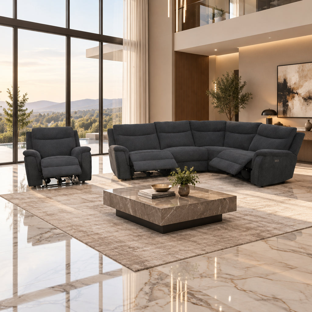 2026 Mayenne Corner + Console & Chair Sofa In Midnight Black - Nimbus Beds