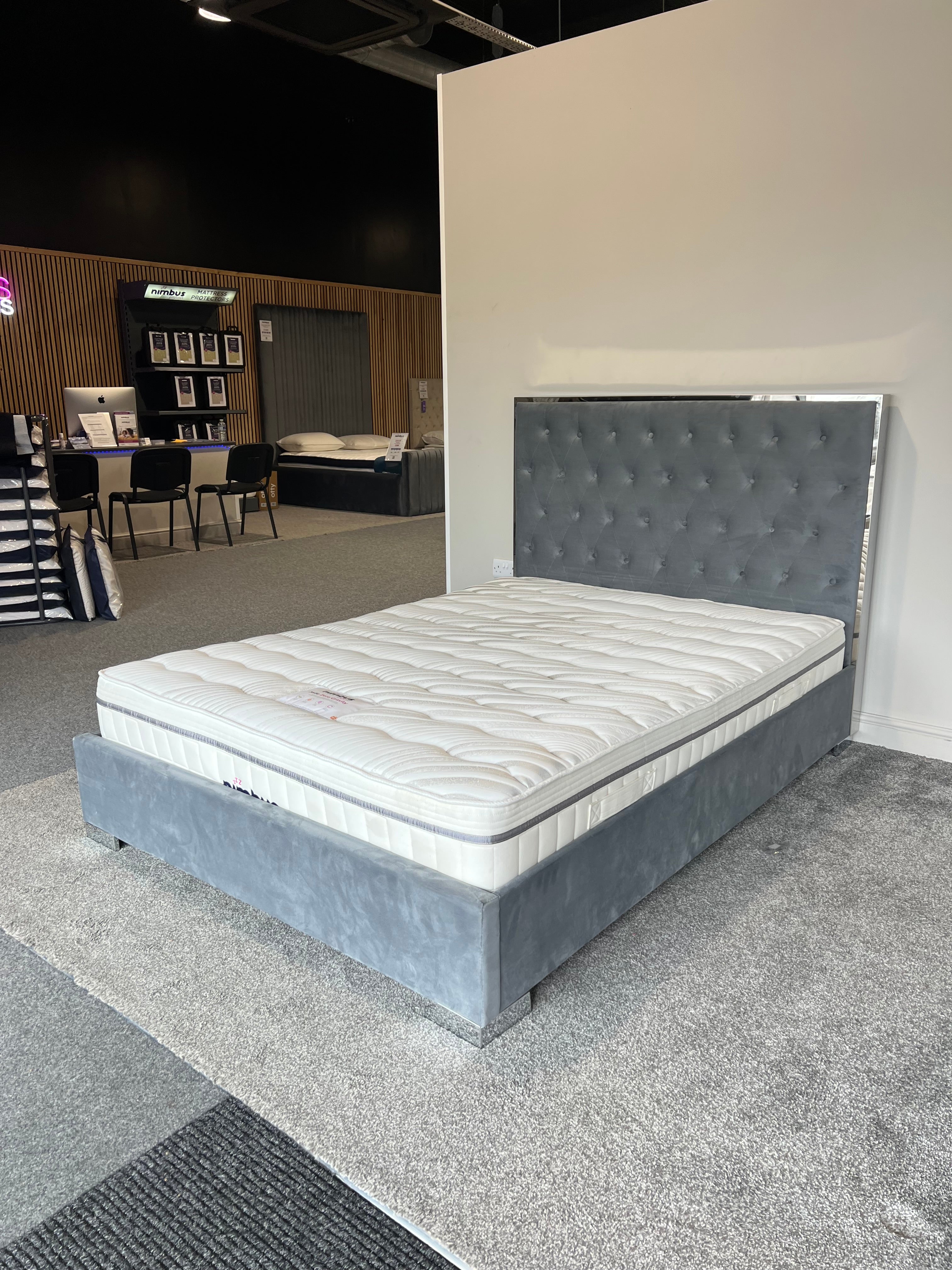 Double Carys Bed Frame - Ex Display - Charcoal soft velvet with chrome edging