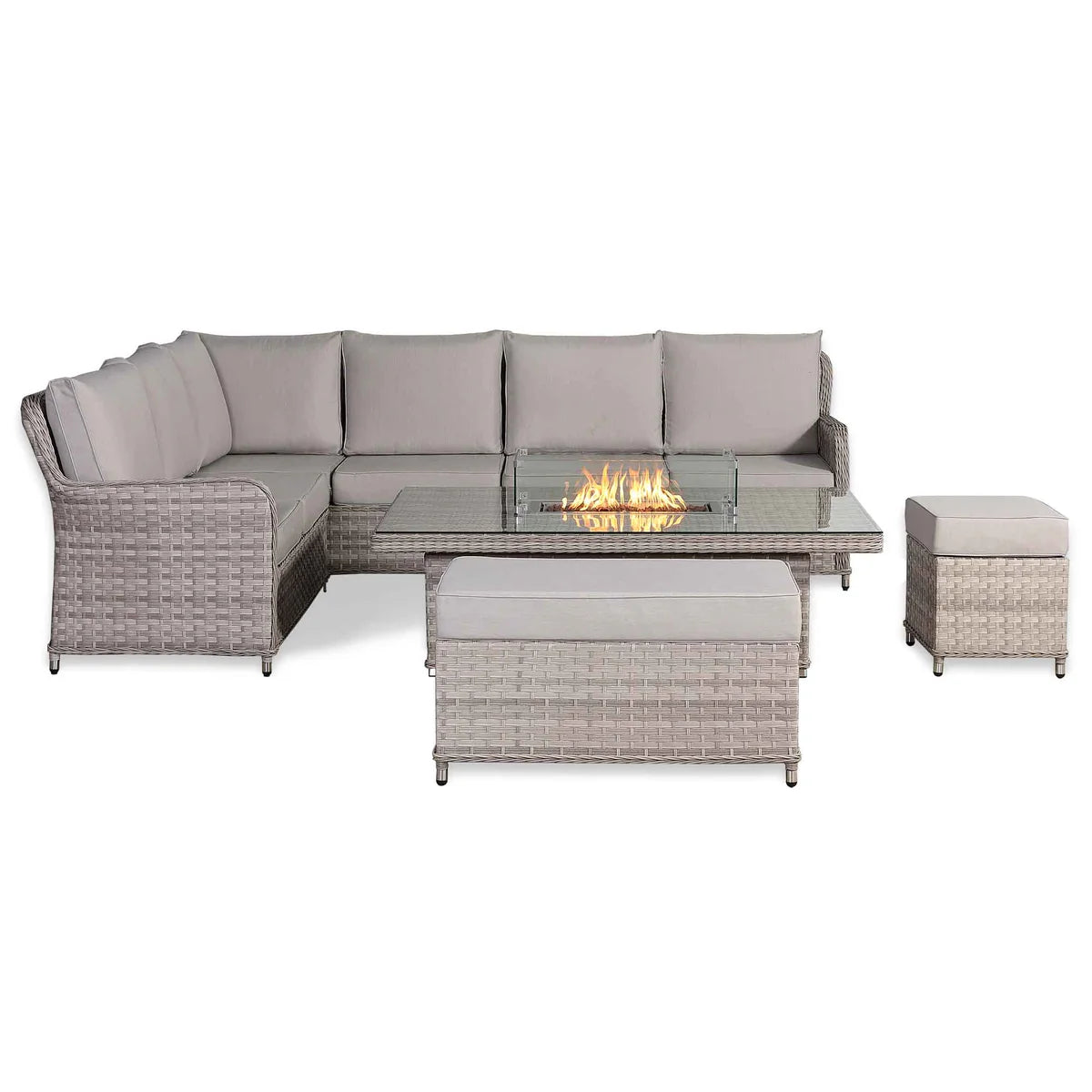 2026 Paris High Back Left Hand Corner Sofa Set with Fire Pit Rising Table Outdoor Garden Furniture - Nimbus Beds