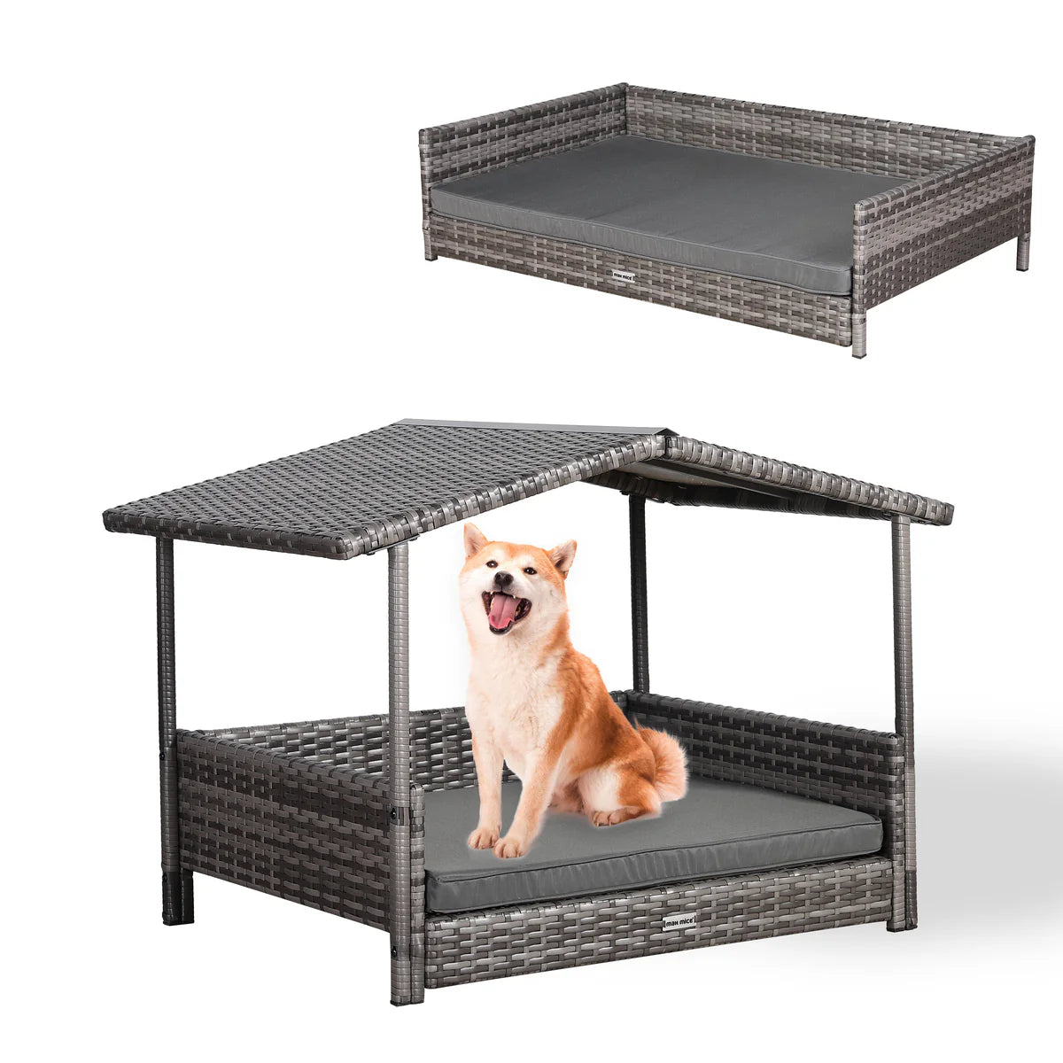 2026 Medium Rattan Dog / Pet Bed for Indoor/Outdoor with Removable Roof and Cushion in Grey - Nimbus Beds