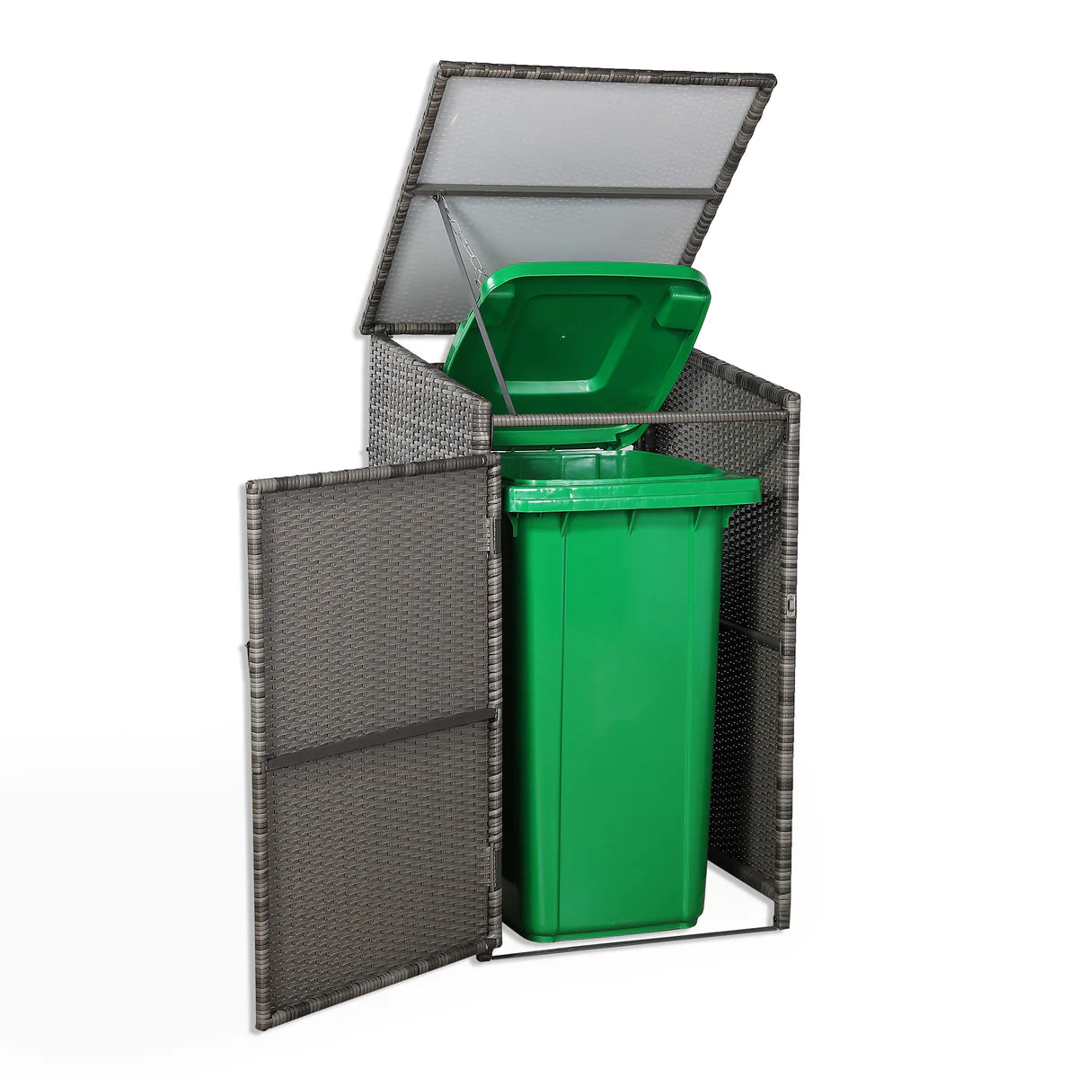 2026 Wheelie Bin Shed / store hut in Grey Rattan Weave (1 bin) - Nimbus Beds