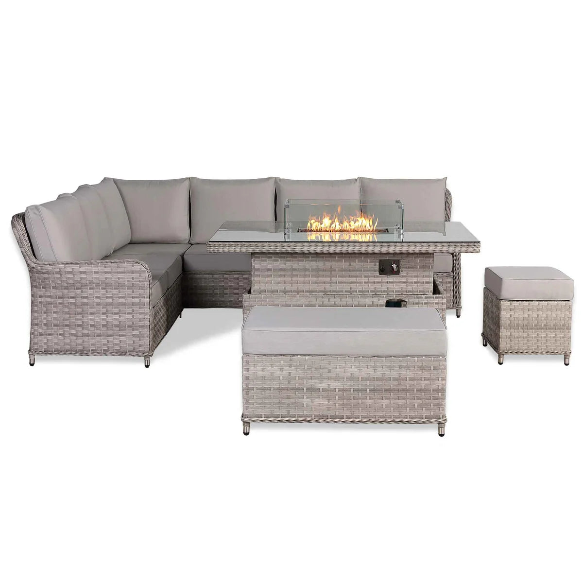 2026 Paris High Back Left Hand Corner Sofa Set with Fire Pit Rising Table Outdoor Garden Furniture - Nimbus Beds