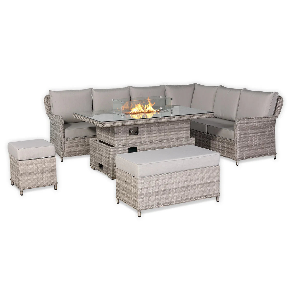 2026 Paris High Back Right Hand Corner Sofa Set with Fire Pit Rising Table Outdoor Garden Furniture - Nimbus Beds