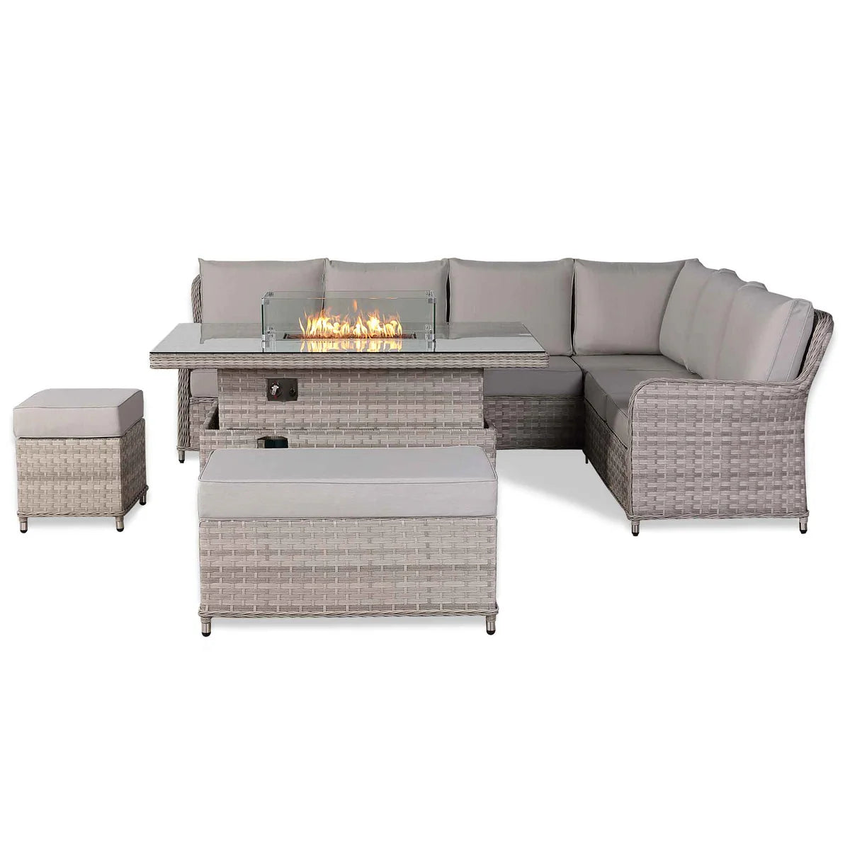 2026 Paris High Back Right Hand Corner Sofa Set with Fire Pit Rising Table Outdoor Garden Furniture - Nimbus Beds