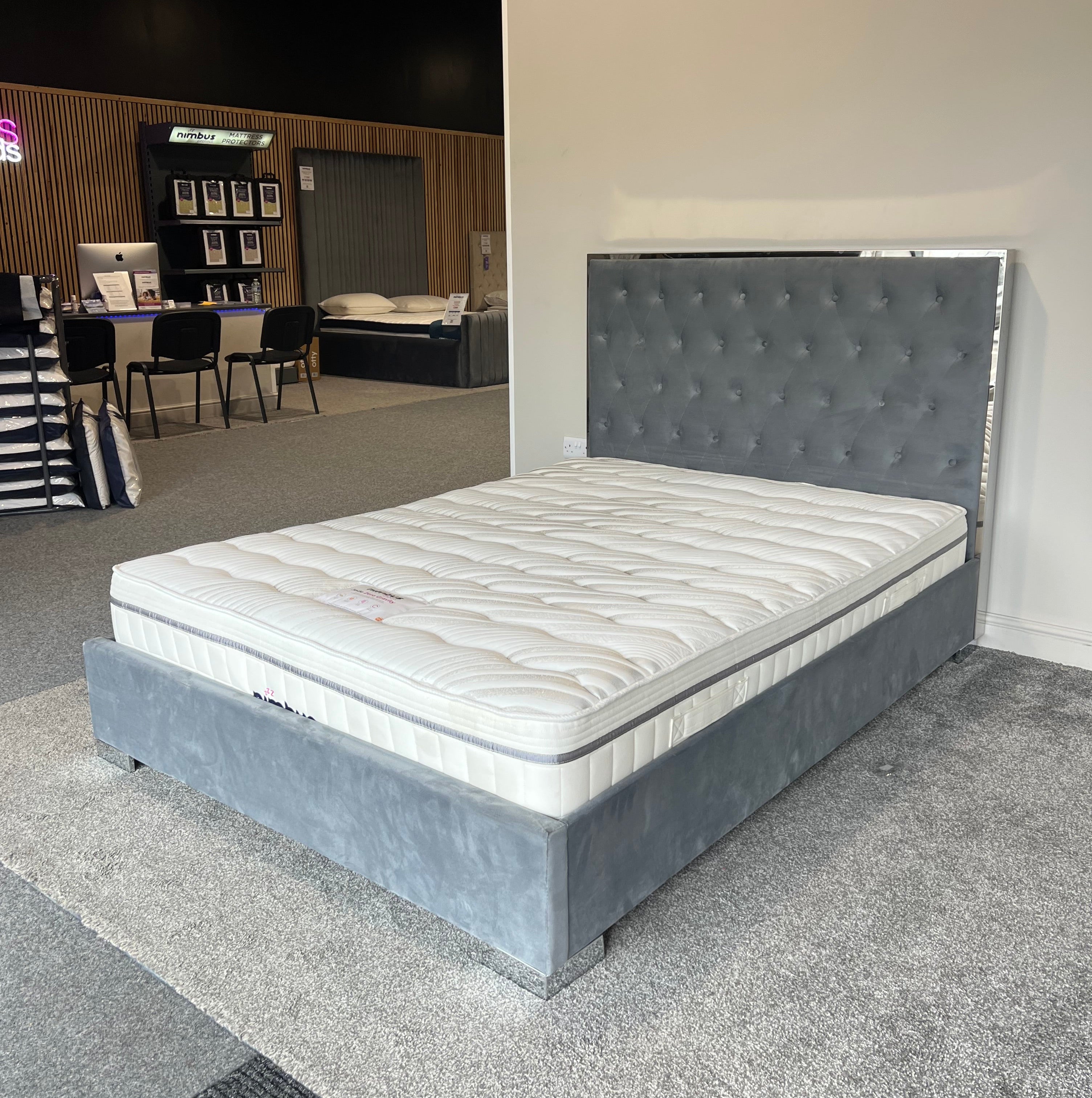 Double Carys Bed Frame - Ex Display - Charcoal soft velvet with chrome edging