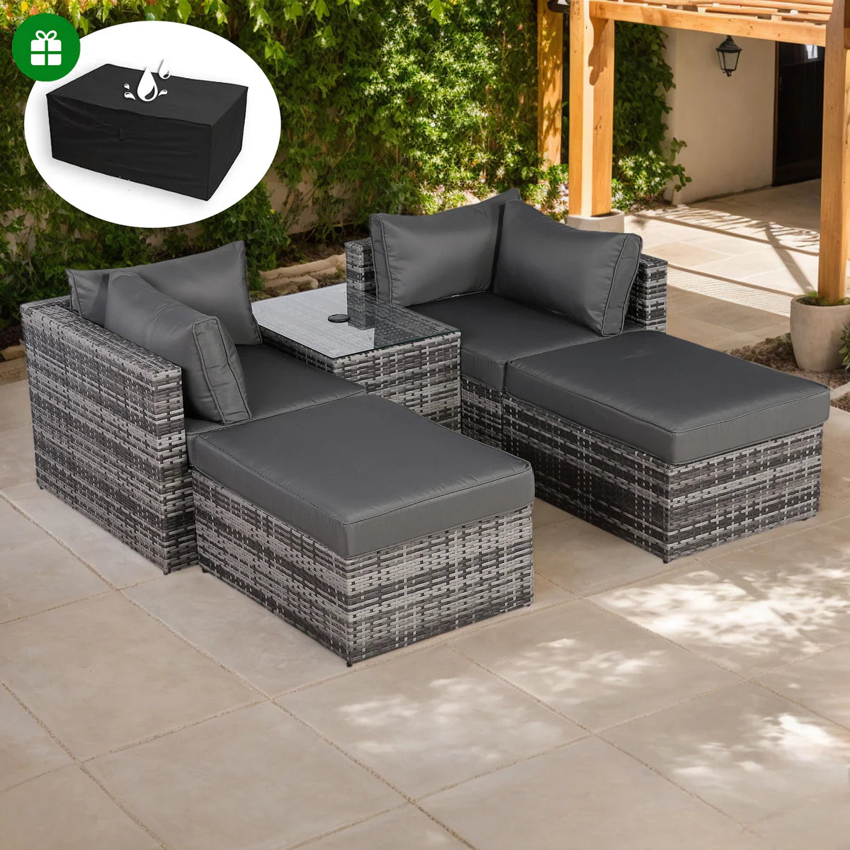 2026 Iruna Garden Lounger Set - Modular Chaise Sofa with Side Table & 2 Footstools - Includes Free Rain Cover - Nimbus Beds