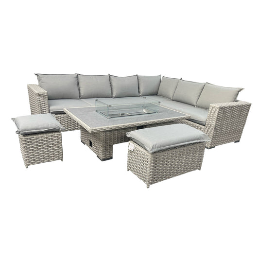 Barcelona - L-Shaped Luxury Rattan Patio Set with Rectangular Fire Pit Table
