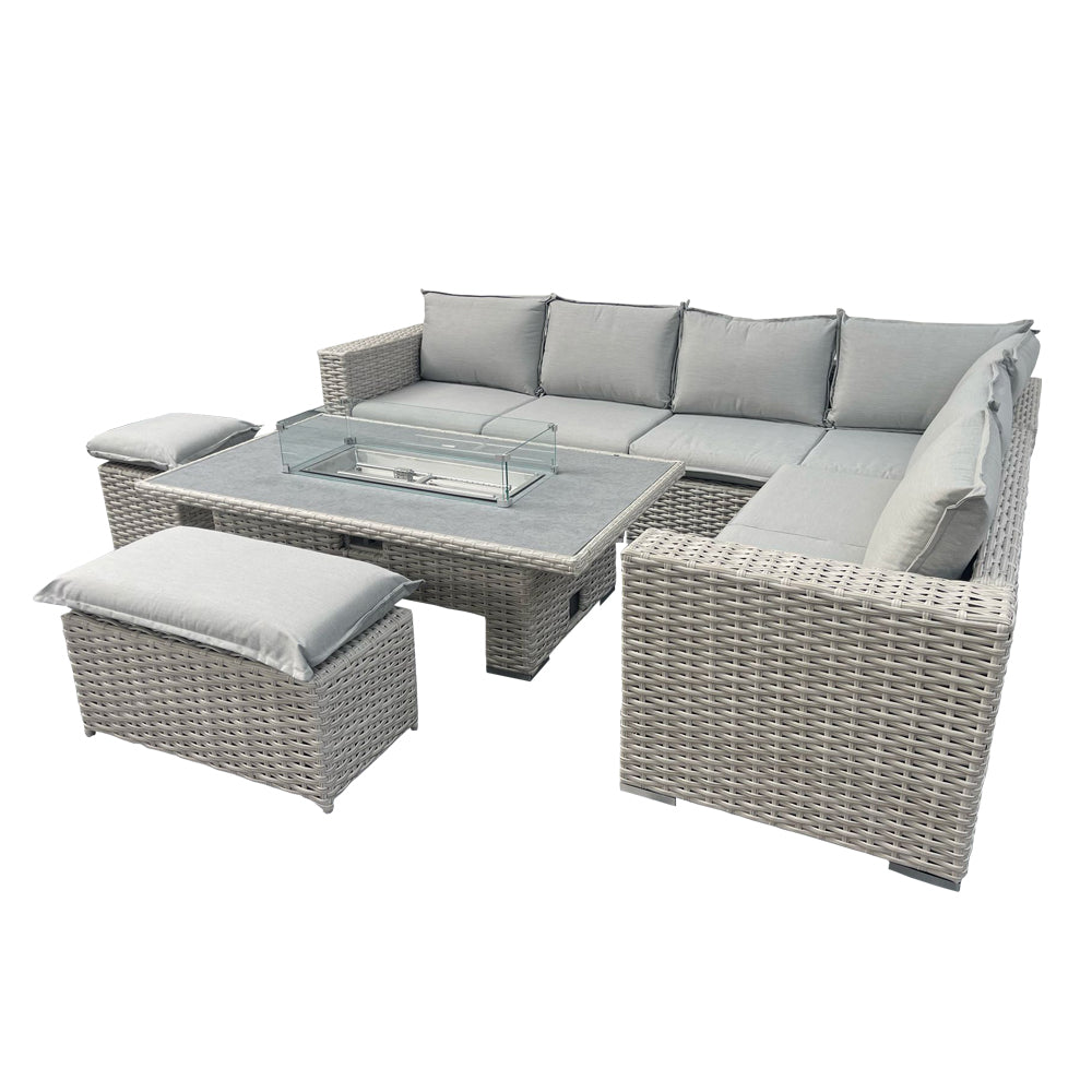 Barcelona - L-Shaped Luxury Rattan Patio Set with Rectangular Fire Pit Table