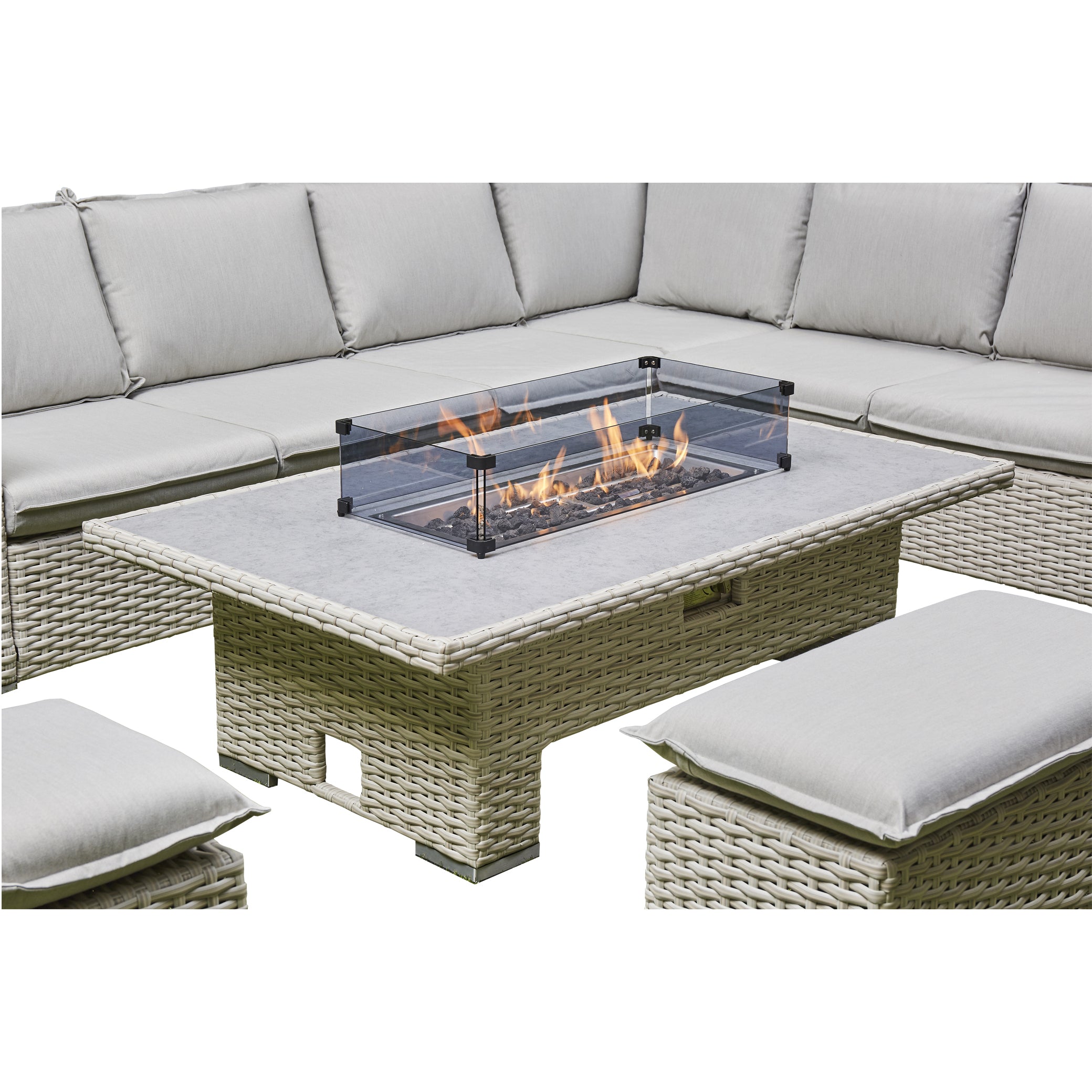 2026 Barcelona Luxury Corner Light Grey Rising Fire Pit L Shape Sofa Dining Set - Nimbus Beds