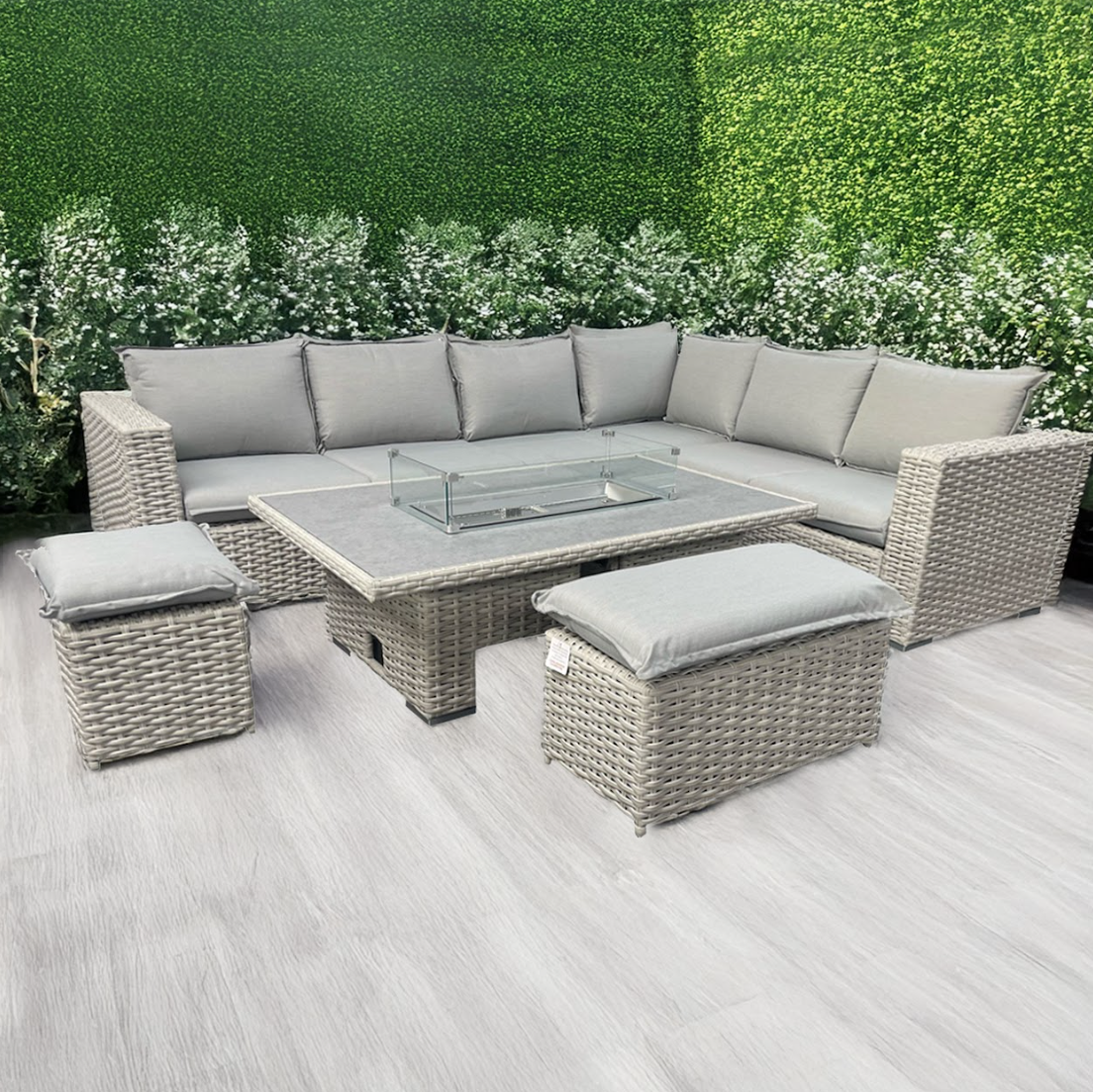 Malaga - Grey L-Shaped Luxury Rattan Patio Set with Rectangular Fire Pit Table (14) (NTF) - Nimbus Beds