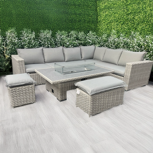 Malaga - Grey L-Shaped Luxury Rattan Patio Set with Rectangular Fire Pit Table (14) (NTF) - Nimbus Beds