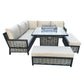 Valencia - L-Shaped Luxury Beige Rattan Patio Set with Square Fire Pit Table