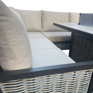 Valencia - L-Shaped Luxury Beige Rattan Patio Set with Square Fire Pit Table