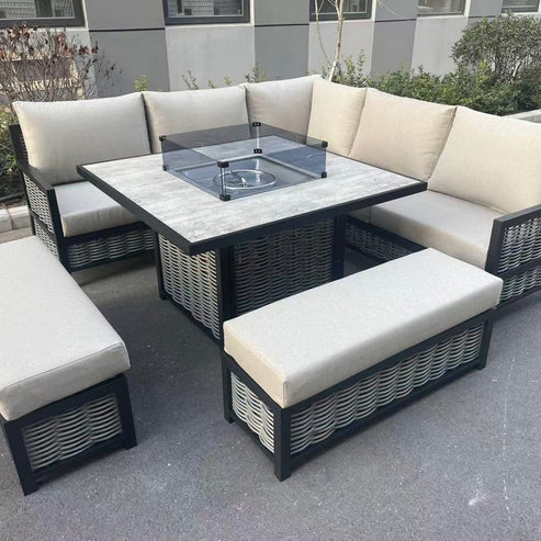 Valencia - L-Shaped Luxury Beige Rattan Patio Set with Square Fire Pit Table (08) - Nimbus Beds