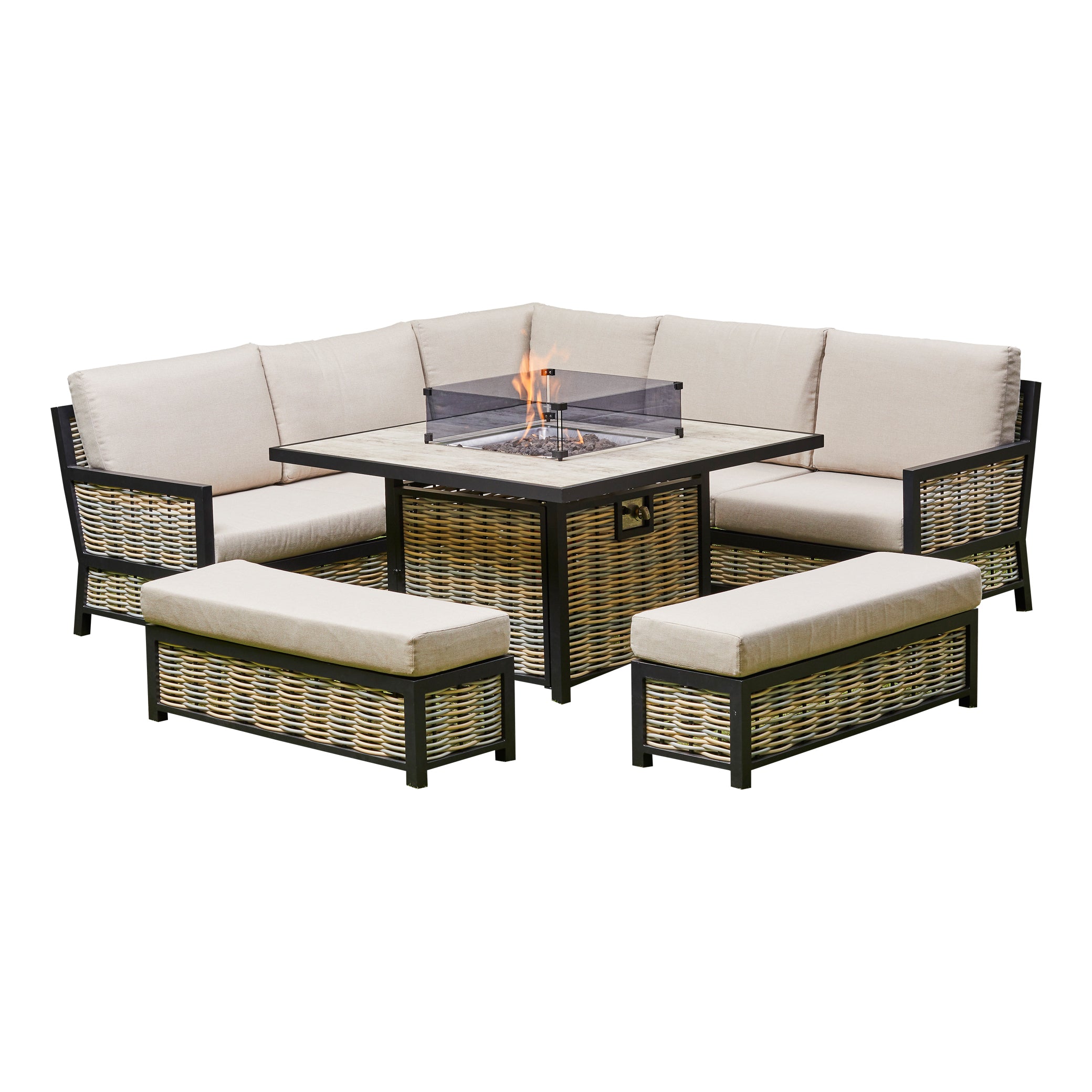 2026 Valencia Aluminium L Shape Garden Dining Set with Fire Pit - Nimbus Beds