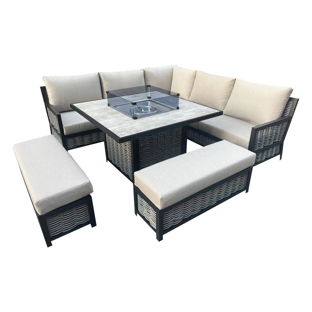 Valencia - L-Shaped Luxury Beige Rattan Patio Set with Square Fire Pit Table