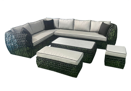 Castelleon - L-Shaped Luxury Rattan Patio Set with Rectangular Fire Pit Table