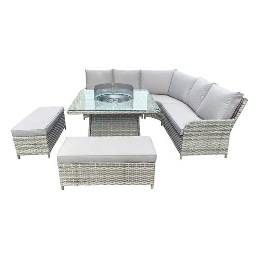 Almeria - L-Shaped Rattan Patio Set with Square Fire Pit Table