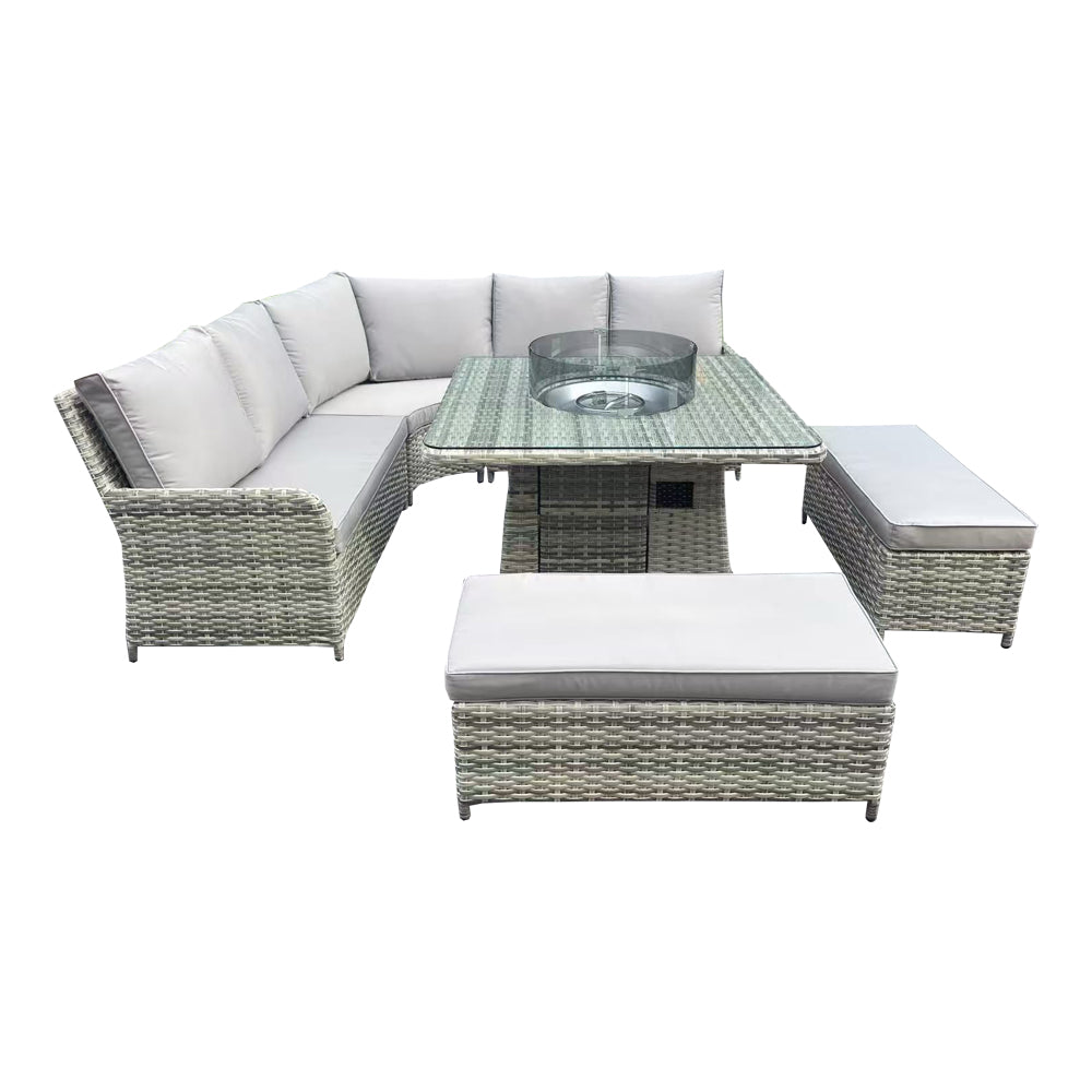 Almeria - L-Shaped Rattan Patio Set with Square Fire Pit Table