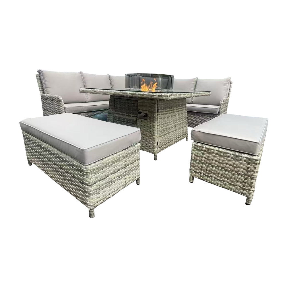 Almeria - L-Shaped Rattan Patio Set with Square Fire Pit Table