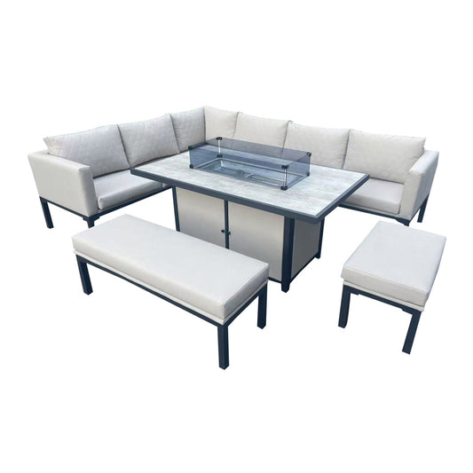 Malaga - Beige L-Shaped Metal Patio Set with Rectangular Fire Pit Table