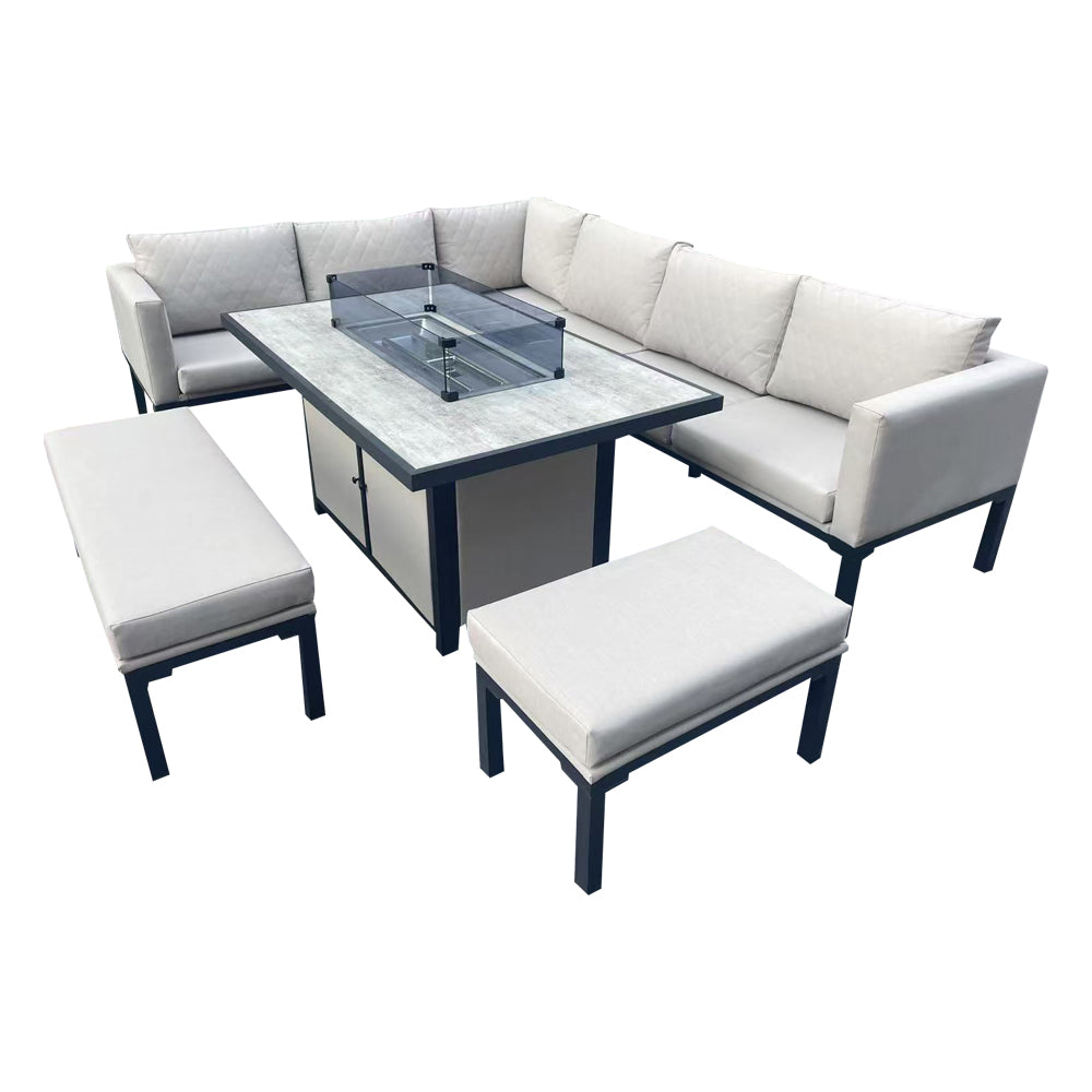 Malaga - Beige L-Shaped Metal Patio Set with Rectangular Fire Pit Table