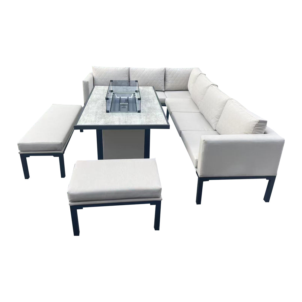 Malaga - Beige L-Shaped Metal Patio Set with Rectangular Fire Pit Table