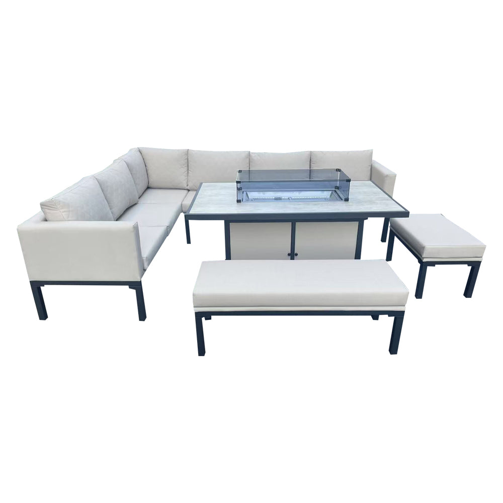Malaga - Beige L-Shaped Metal Patio Set with Rectangular Fire Pit Table