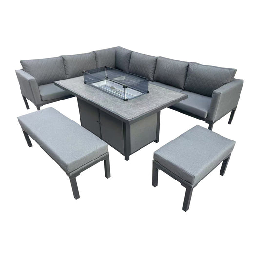 Malaga - Grey L-Shaped Luxury Rattan Patio Set with Rectangular Fire Pit Table