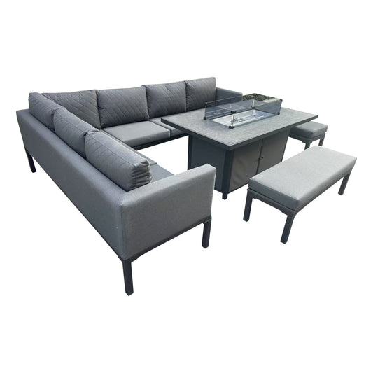 Malaga - Grey L-Shaped Luxury Rattan Patio Set with Rectangular Fire Pit Table