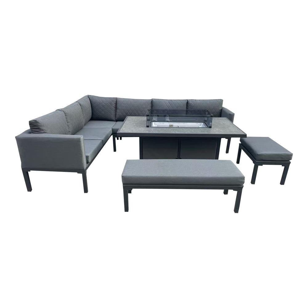 Malaga - Grey L-Shaped Luxury Rattan Patio Set with Rectangular Fire Pit Table