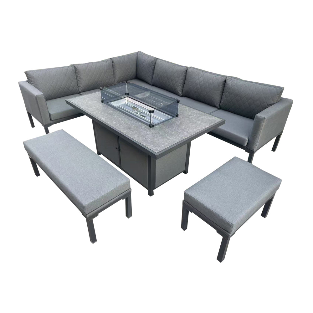 Malaga - Grey L-Shaped Luxury Rattan Patio Set with Rectangular Fire Pit Table
