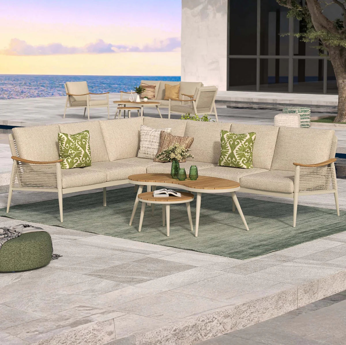 2026 Bilbao Modular Corner Sofa Rope Set with 2 Coffee Tables with Teak Wood Top Outdoor Garden Furniture - Nimbus Beds