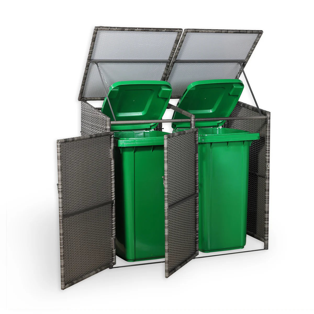 2026 Wheelie bins shed / store hut in Grey Rattan Weave (2 Bins) - Nimbus Beds