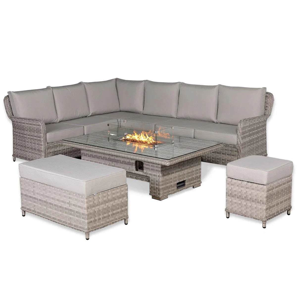 2026 Paris High Back Left Hand Corner Sofa Set with Fire Pit Rising Table Outdoor Garden Furniture - Nimbus Beds