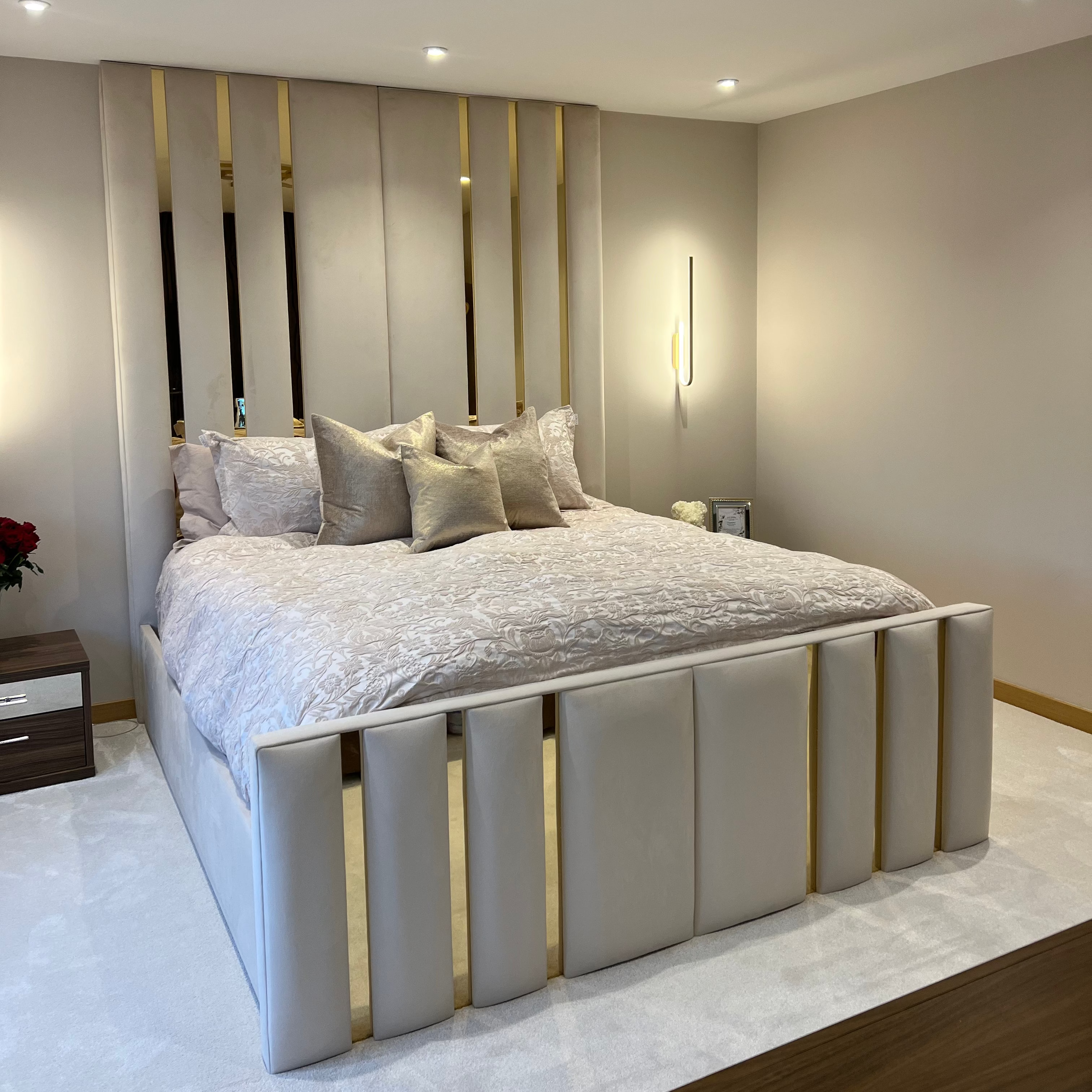 2026 Faraz Bed Frame with Gold Mirror Panels with Optional Lift up Ottoman Storage