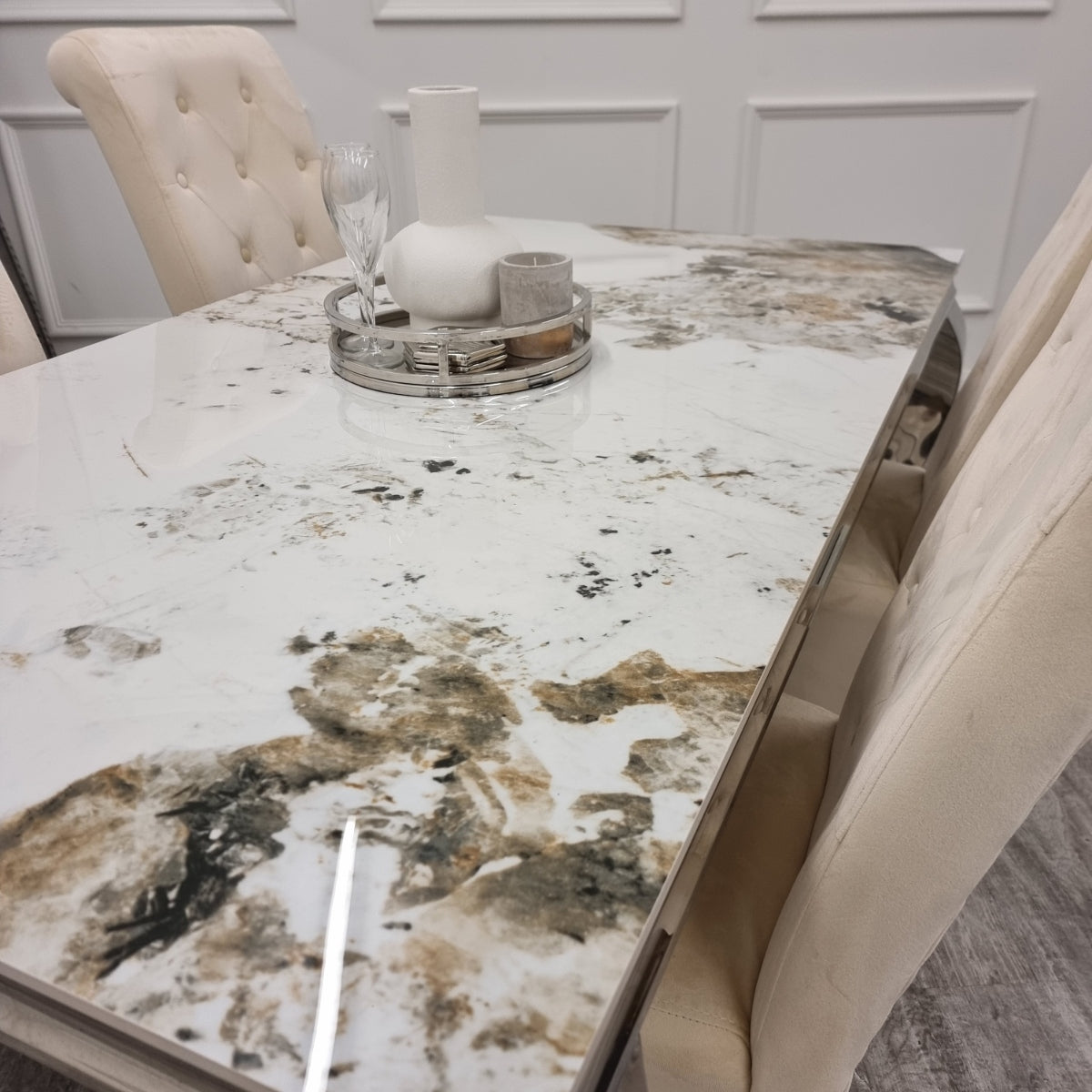 2026 Louis Chrome Dining Table in Pandora Marble