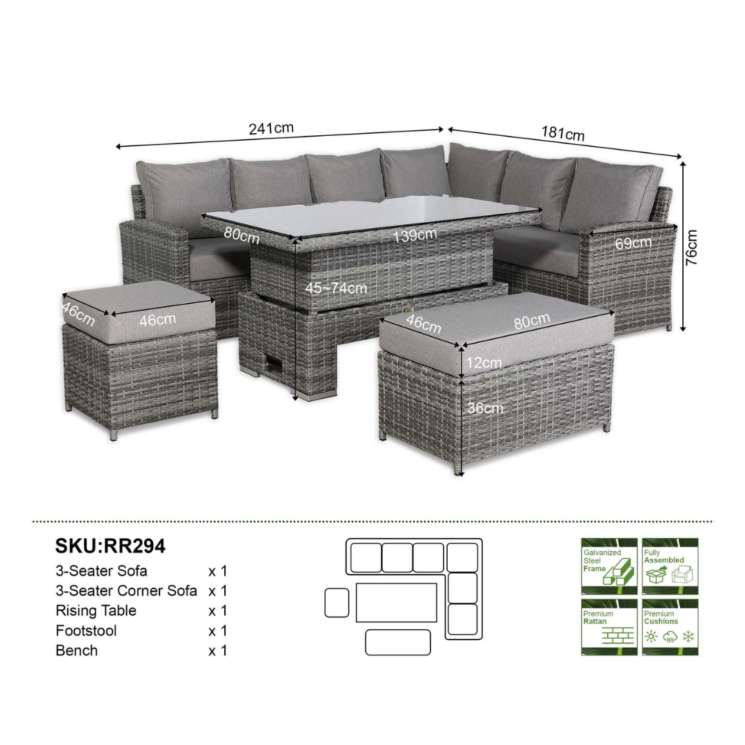 2026 Lorrento Large Corner Dining Set with Rising Table in Grey (Right Hand) - Nimbus Beds