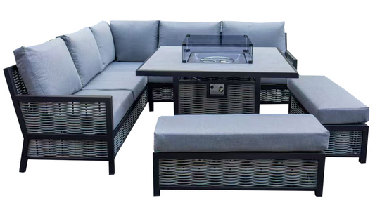 Valencia - L-Shaped Luxury Grey Rattan Patio Set with Square Fire Pit Table