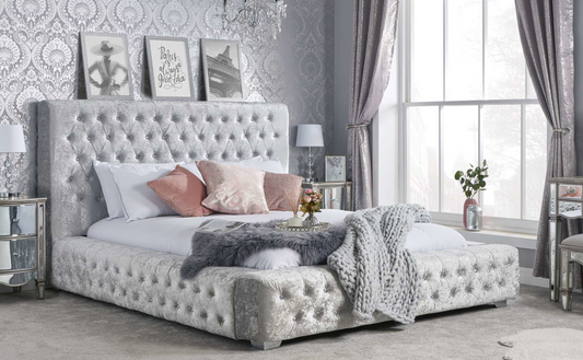 Emperor Bed STEEL Crushed Velvet+Silver Feet - Nimbus Beds