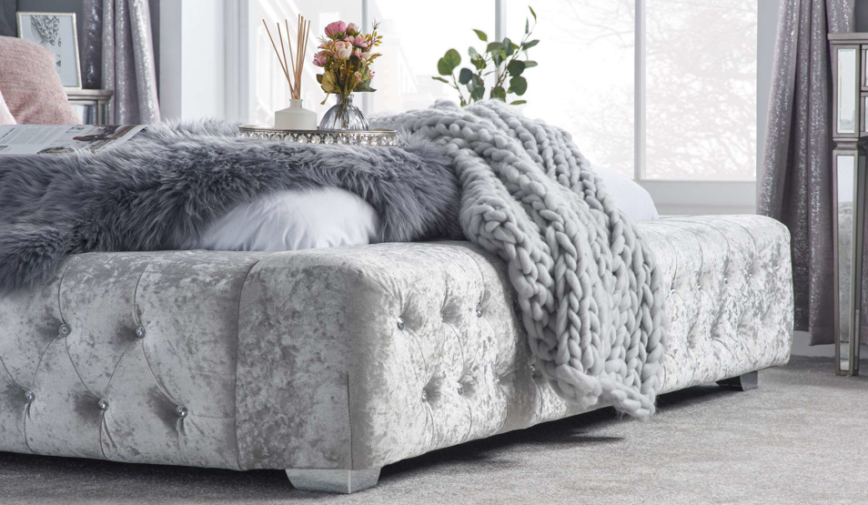 Emperor Bed STEEL Crushed Velvet+Silver Feet - Nimbus Beds