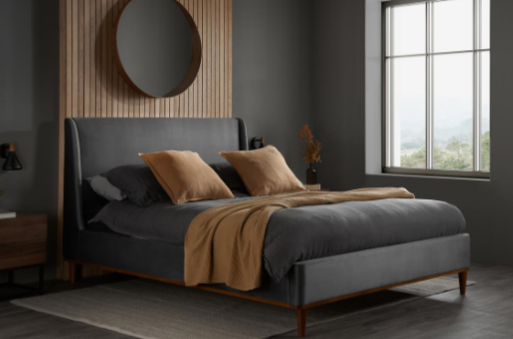 'Jackie O' Velvet Bed Plush Grey+Walnut frame