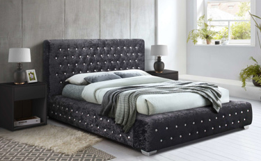 Emperor Bed BLACK Crushed Velvet+Silver Feet