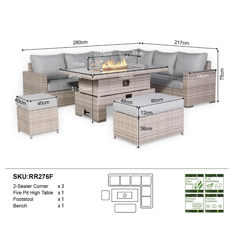 2026 Torini Corner Large Outdoor Garden Dining Set with Rising Firepit Table (Right Hand) - Nimbus Beds
