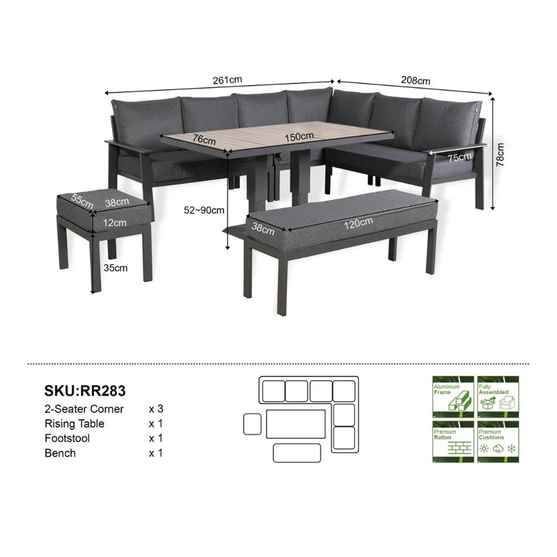 2026 Marbella Large Corner Dining Set with Rising Table (Right Hand) - Nimbus Beds