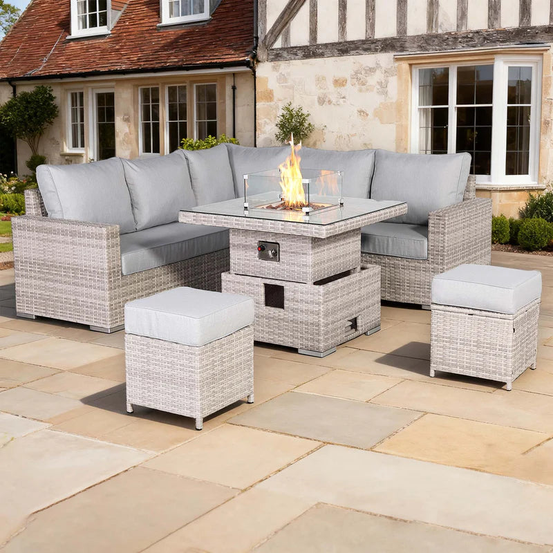 2026 Torini Square Garden Outdoor Dining Set with Rising Firepit Table - Nimbus Beds
