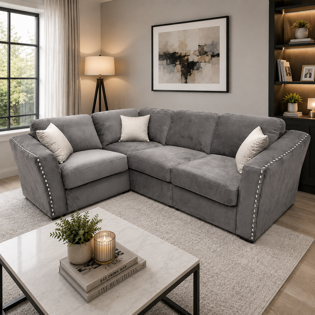 2026 Larkhall 4 piece Corner Sofa -  Pebble Grey - Nimbus Beds